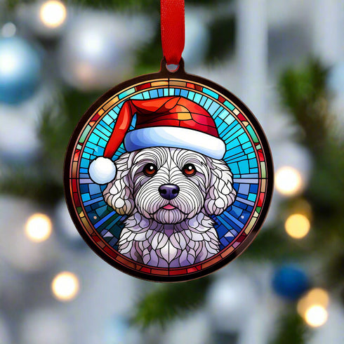 Bichon Frise in Santa Hat Suncatcher Decoration